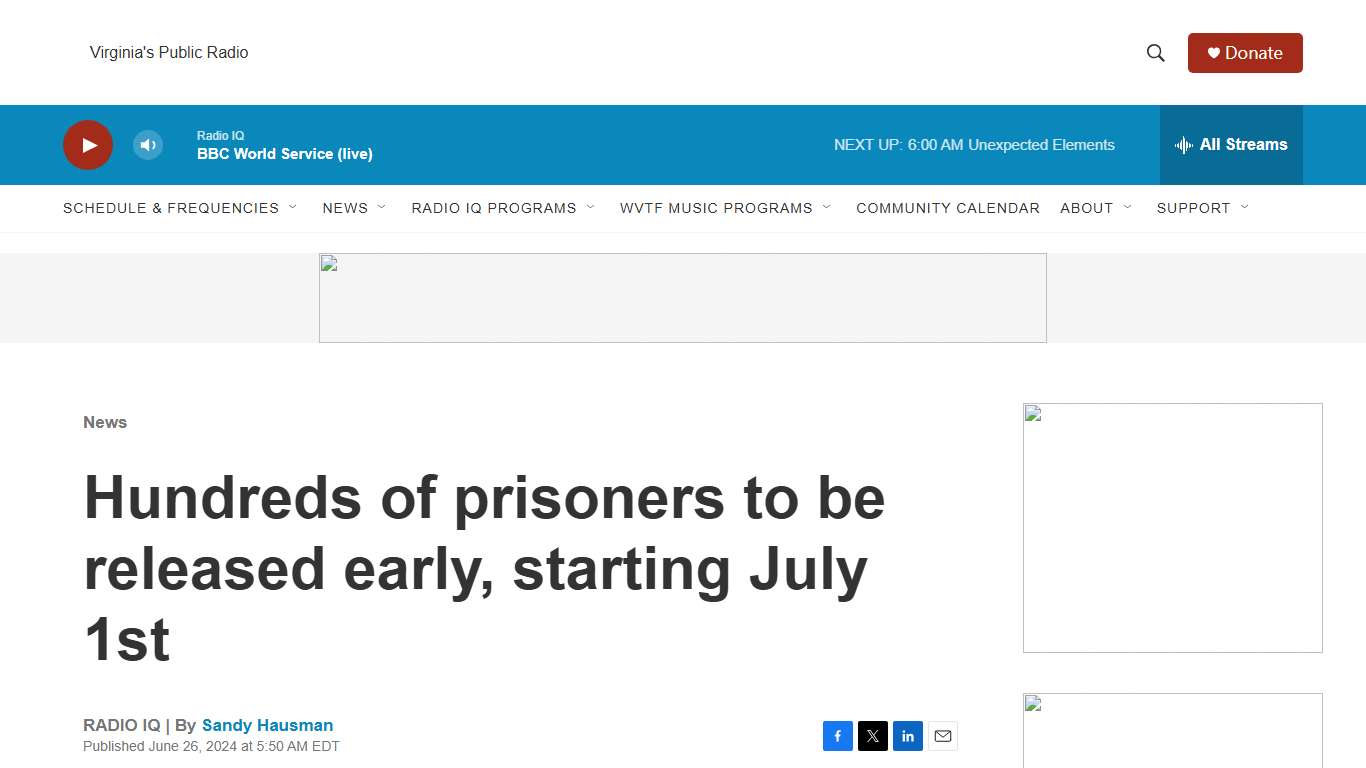 Hundreds of prisoners to be released early, starting July 1st WVTF