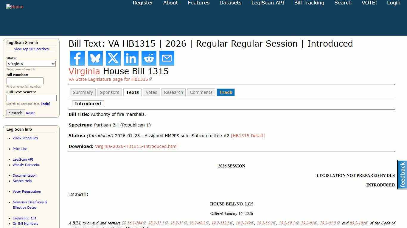 Bill Text: VA HB1315 2026 Regular Regular Session Introduced LegiScan
