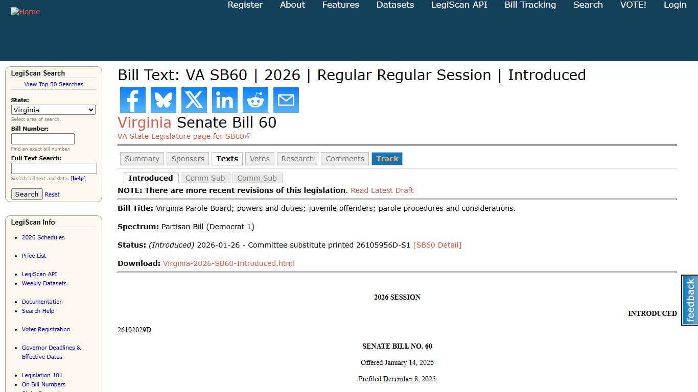 Bill Text: VA SB60 2026 Regular Regular Session Introduced LegiScan